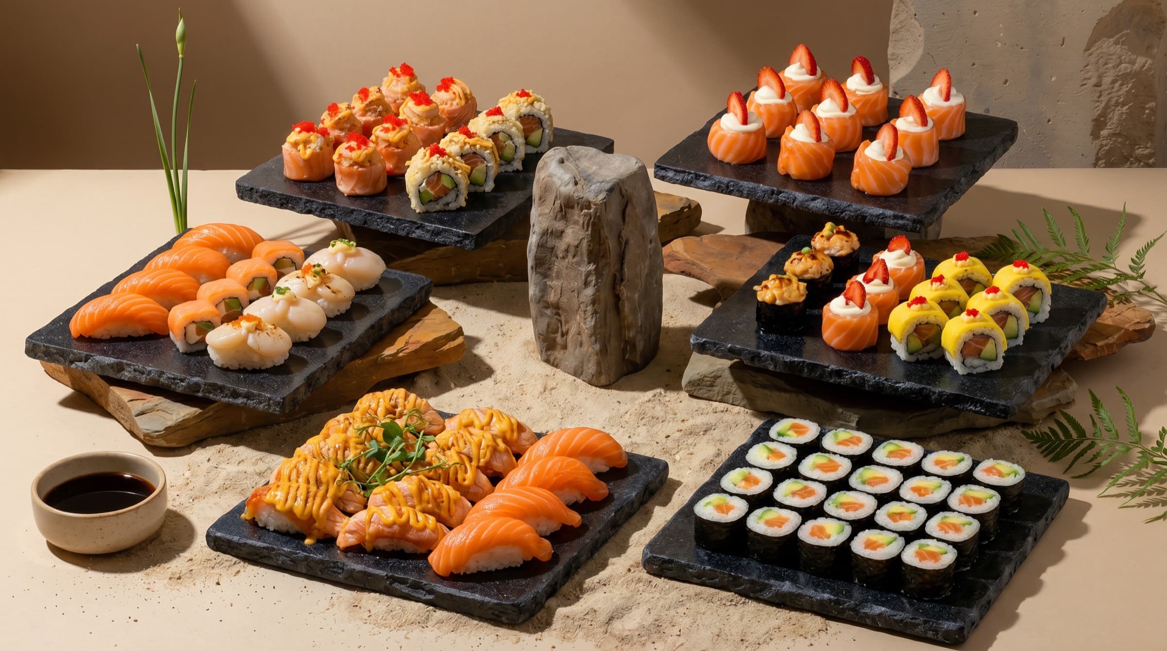 Sushi-plater på skifer i naturlig lys