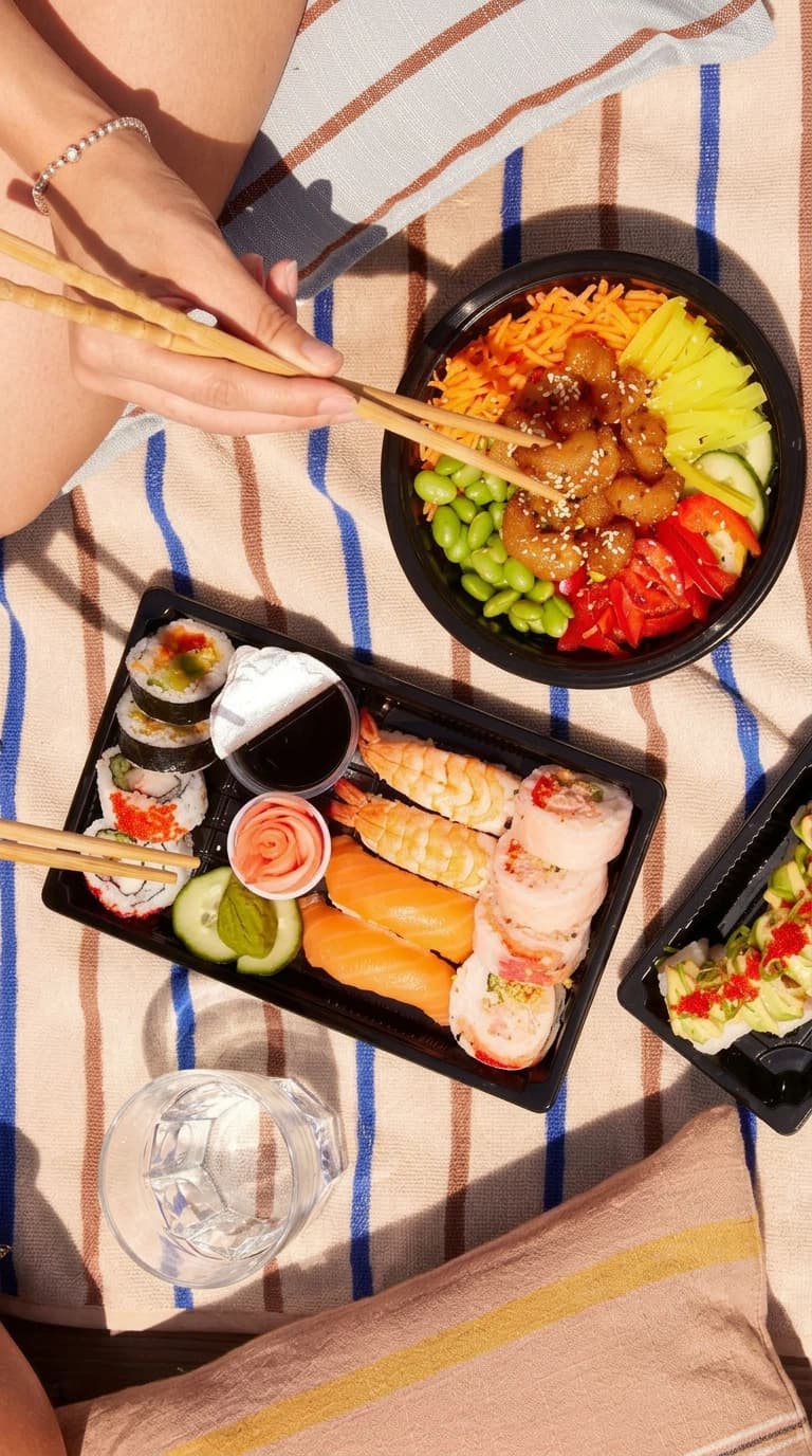 Sushi og pokébowl servert ute